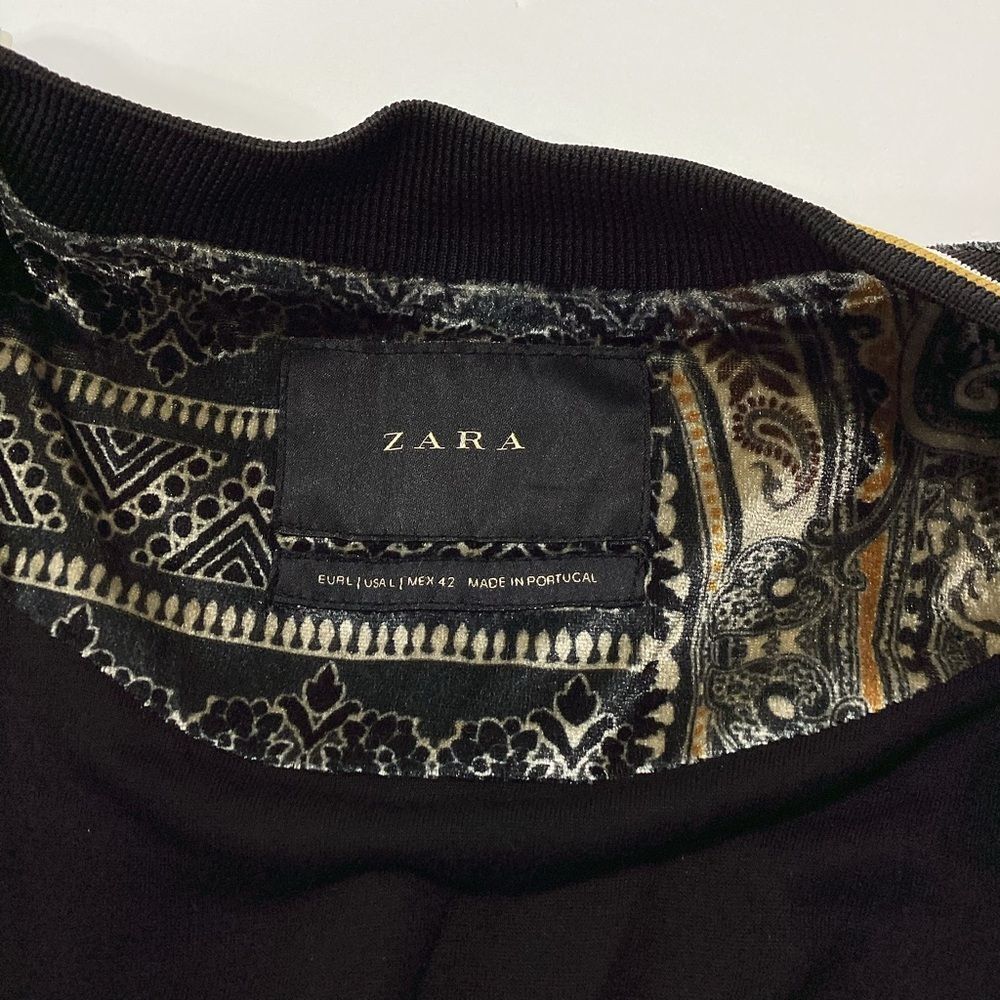 Zara Velour Bomber Track Jacket Size L Green Gold Paisley Stripe Velvet 80s - Picture 10 of 11